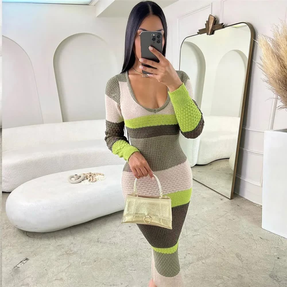 Color Block Knitted Rib Long Dress for Women V Neck Bodycon Lounge Wear Fall Winter Robe